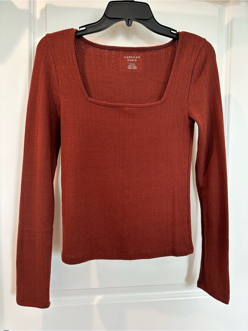 American Eagle Outfitters Rust Long-Sleeve Square-Neck Ribbed Top